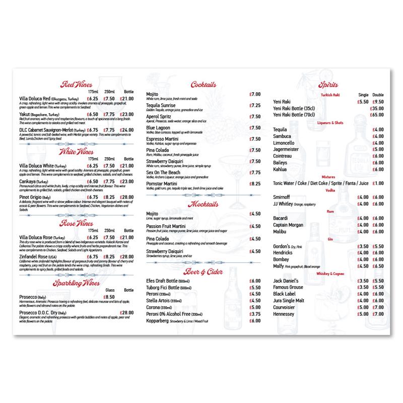 Zara Turkish Restaurant - Drinks Menu